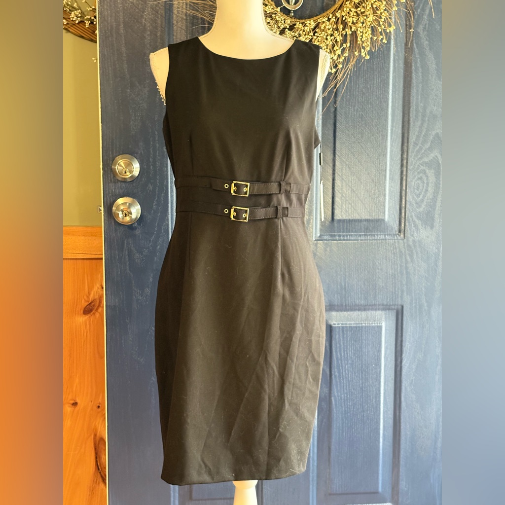 Calvin Klein Womenâs 8 Solid Black Double Buckle Waist Sheath Dress Nwt